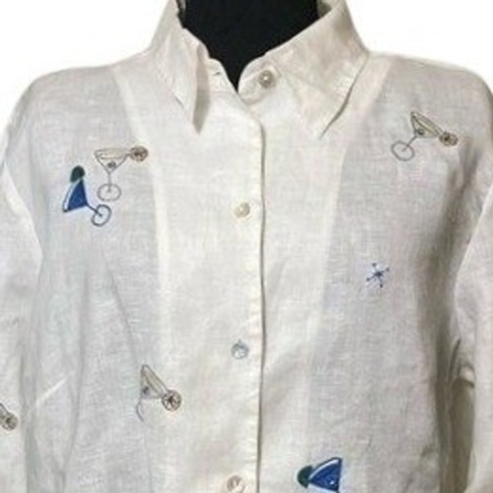 Vtg Irish Linen Cocktail Embroidered Women's shirt Sz Large Happy Hour Martini‎